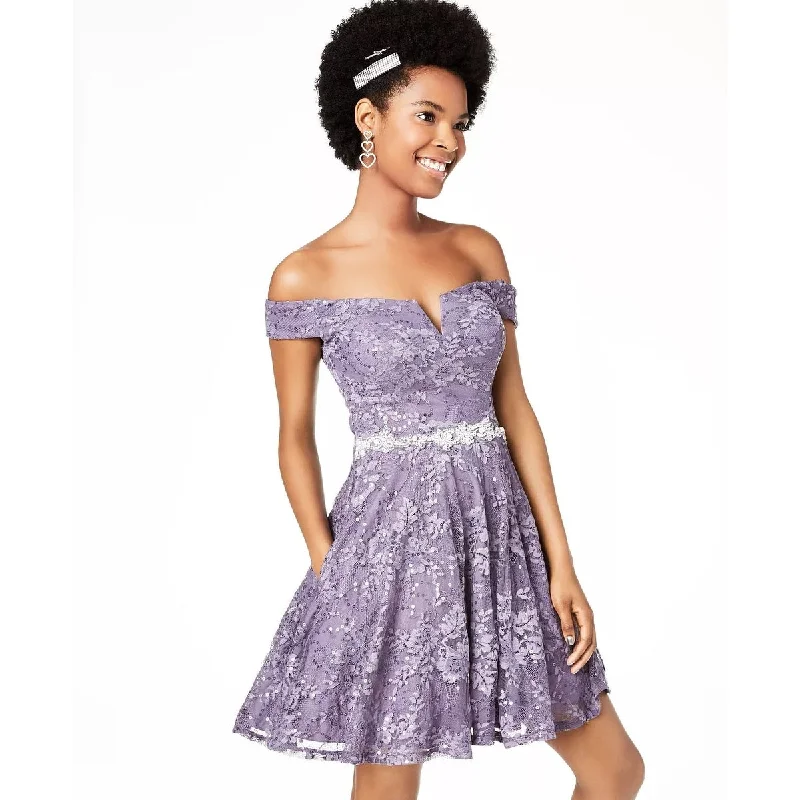 City Studios Juniors' Off-The-Shoulder Lace Fit & Flare Dress Purple Size 3