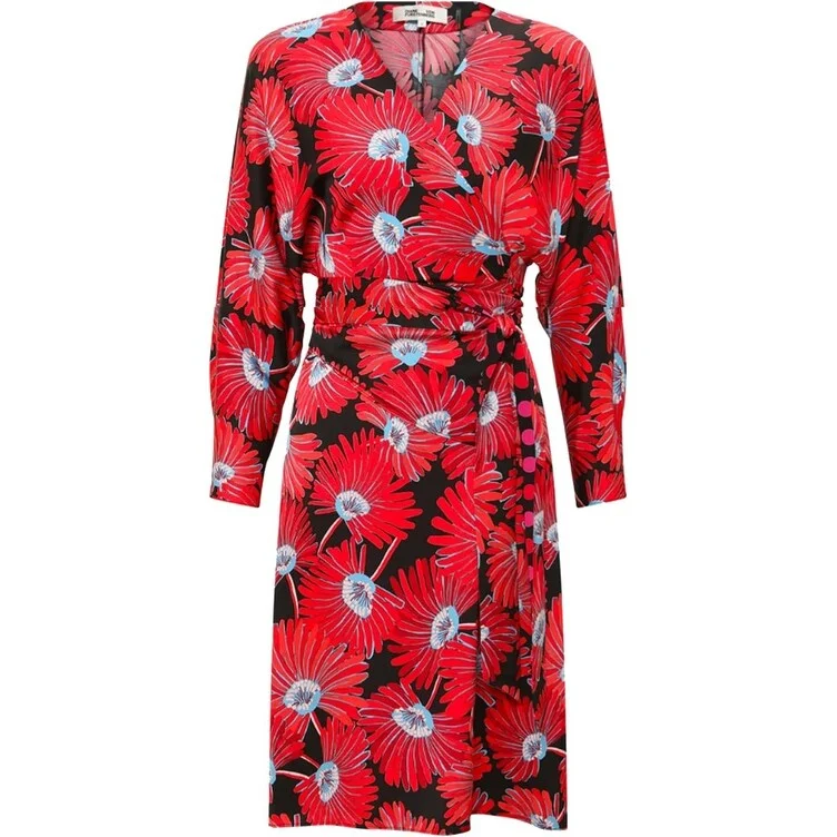 Diane von Furstenberg DVF Women's Mikah Red Floral Long Sleeve Wrap Dress, Feather Fan