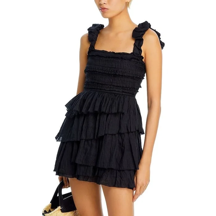 Sea Ny Cole Smocked Ramie Sleeveless Tiered Dress, Black