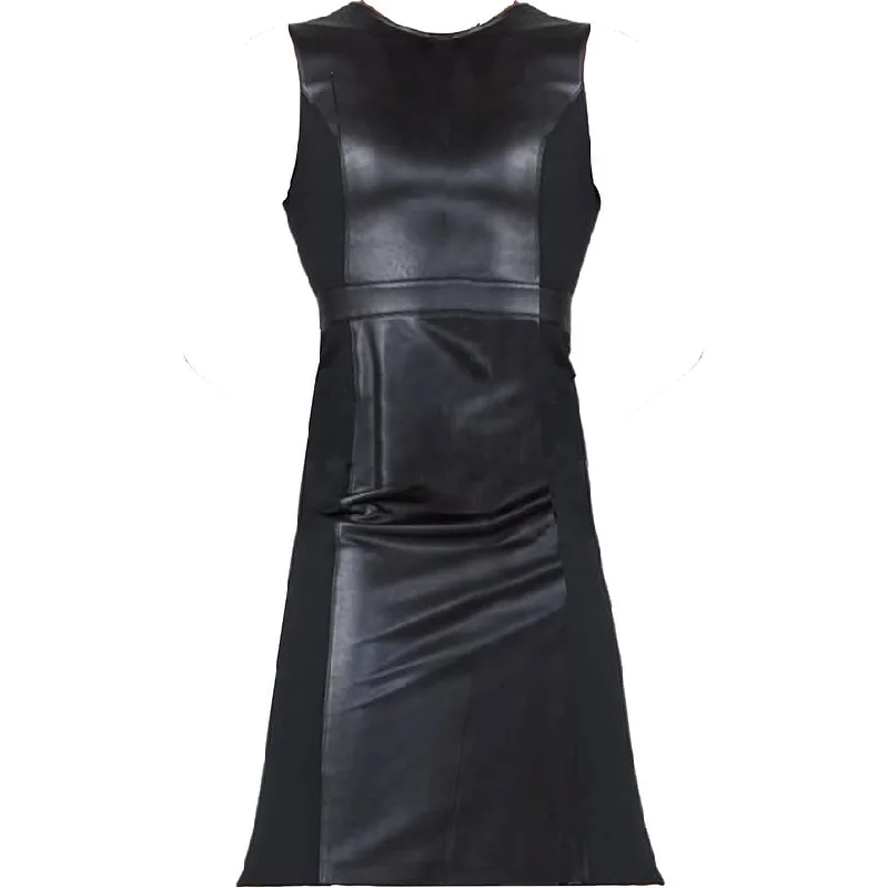 SPANX Women's Black Leather Like Sleeveless Mixed Media Sheath Dress