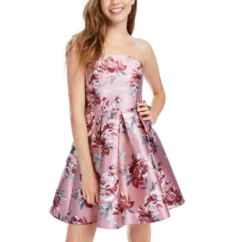 Speechless Junior's Strapless Floral Print Fit & Flare Dress Purple Size 9