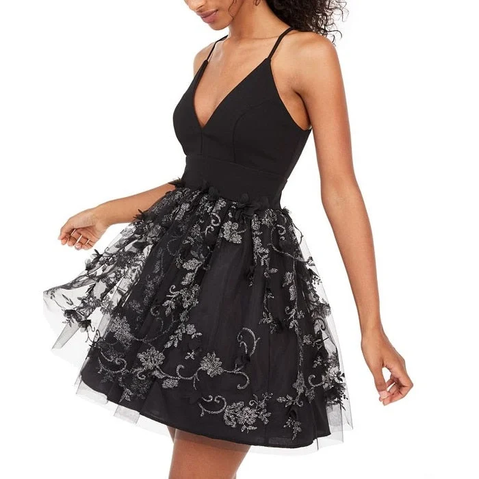 Trixxi Junior's Glitter Petals Fit & Flare Dress Black Size 9