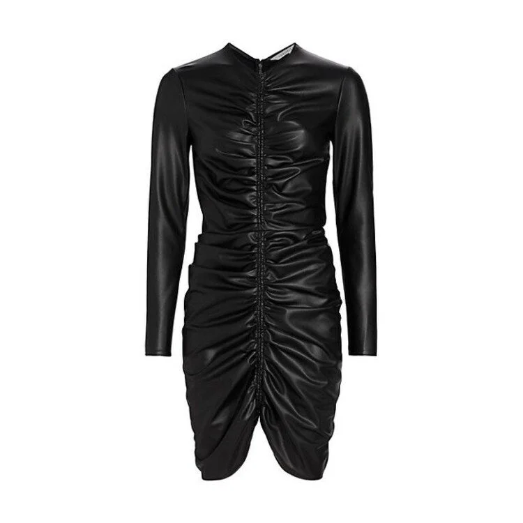 Veronica Beard Women's Bernadette Solid Black Vegan Leather Ruched Dress