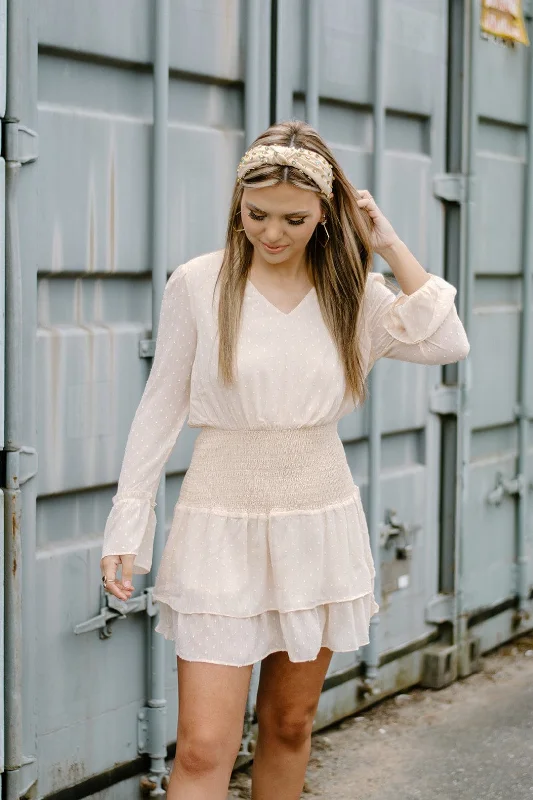 Cream Ruffle Long Sleeve Dress