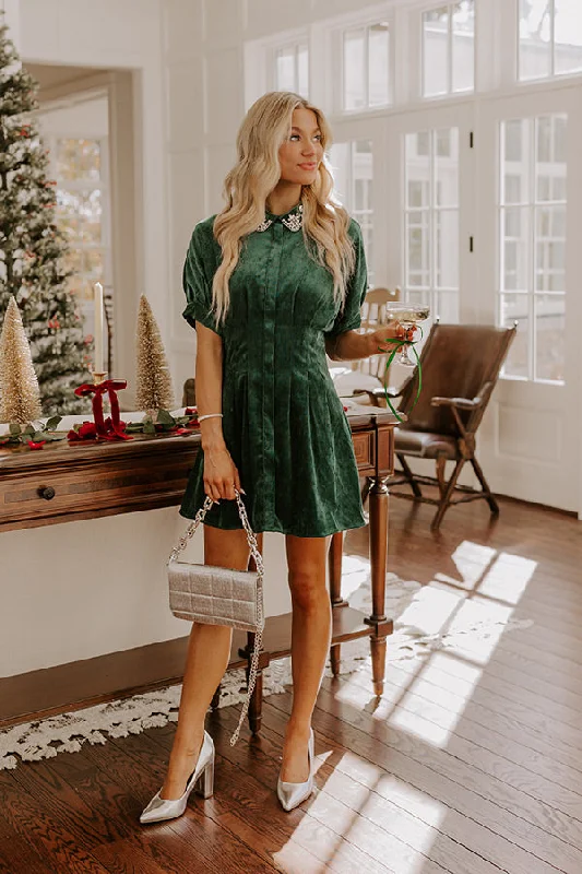 Cue The Cocktails Corduroy Mini Dress in Hunter Green