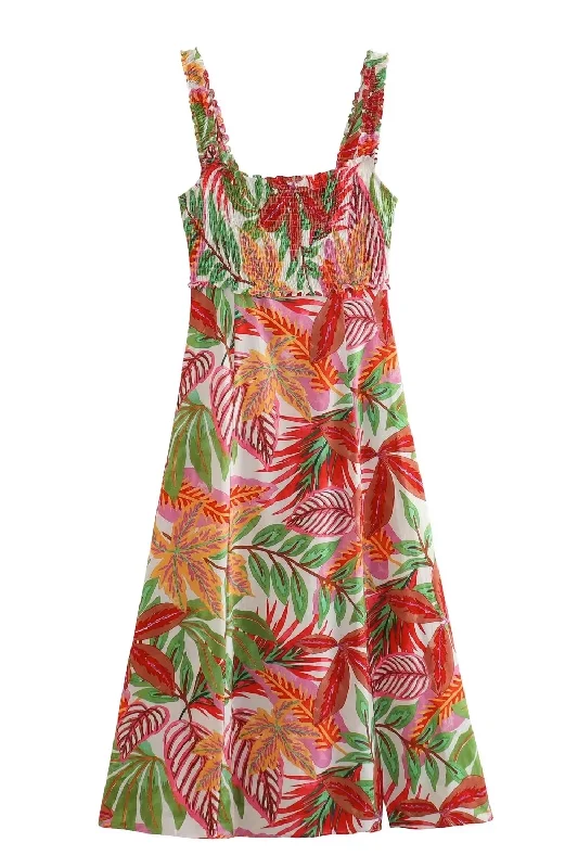 'Elena' Sleeveless Tropical Pattern Midi Dress