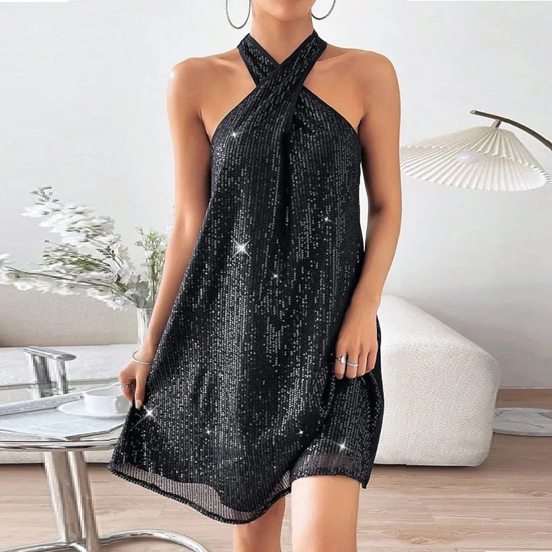 Sexy Cross Neck Summer Women's 2024 New Casual Skinny Off Shoulder Sequin Mini Dress