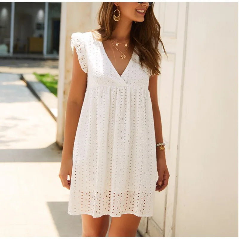 Casual Hollow Short Flying Sleeves Summer Women's 2024 New V-neck Lace Lining Mini Dress