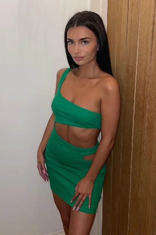 Green Rib One Shoulder Side Cut Outs Mini Dress - Noelle