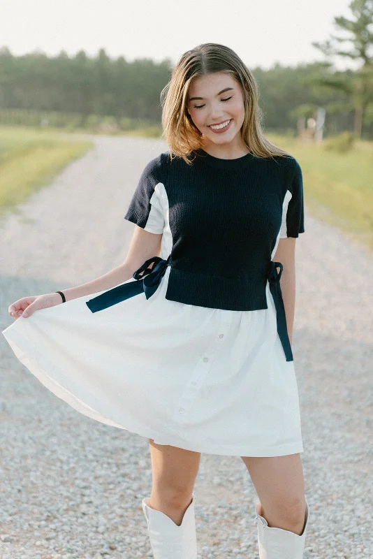 Navy Knit Detail Button Down Dress