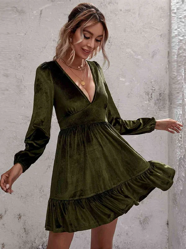 Plunge Long Sleeve Ruffle Hem Velvet Dress