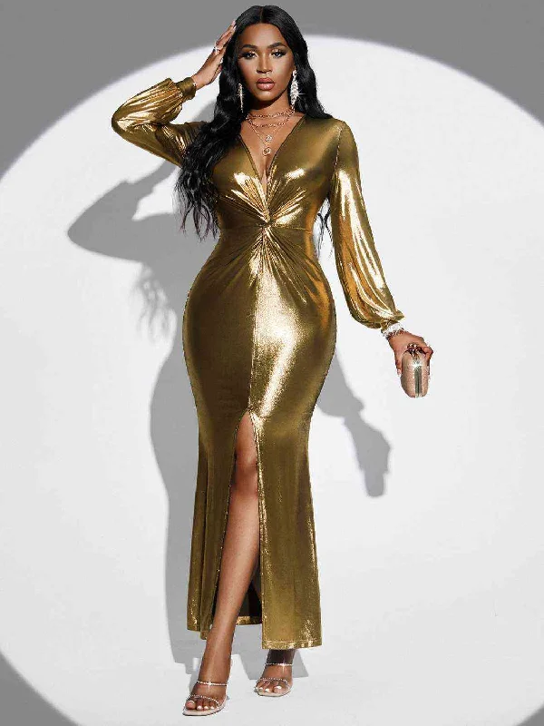 Plunge Twisted Slit Sexy Gold Long Sleeve Bodycon Midi Gold Dress