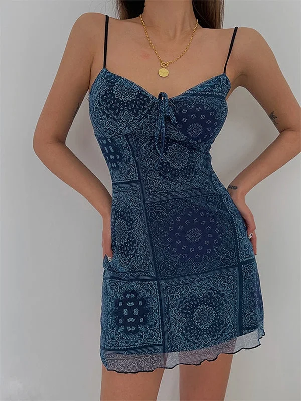 Printed Mesh Slip Mini Dress