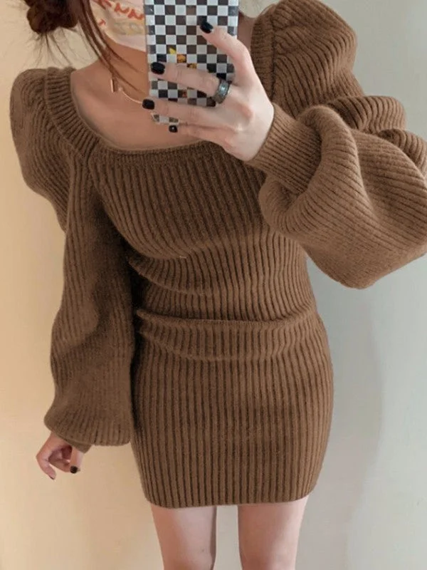 Puff Sleeve Brown Ribbed Knit Mini Dress