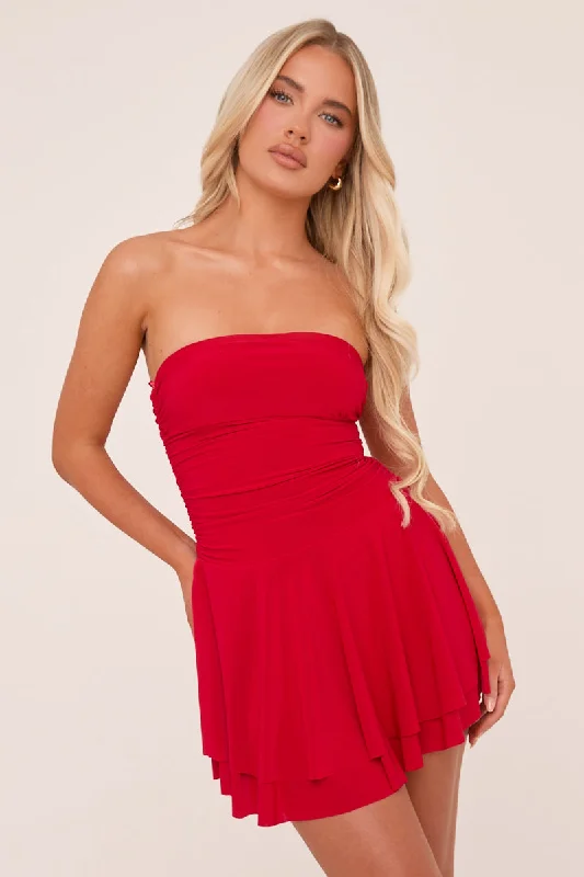 Red Bandeau Ruched Skater Mini Dress - Sifan