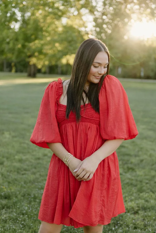 Red Puff Sleeve Smocked Mini Dress