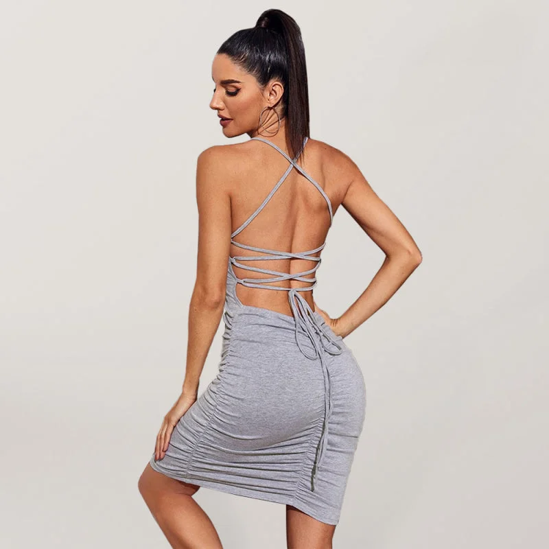 Sexy backless strappy dress shirring slim fit solid color wrap hip skirt