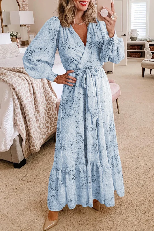 Sky Blue Printed Surplice Neck Bubble Long Sleeve Maxi Dress with Tie waist