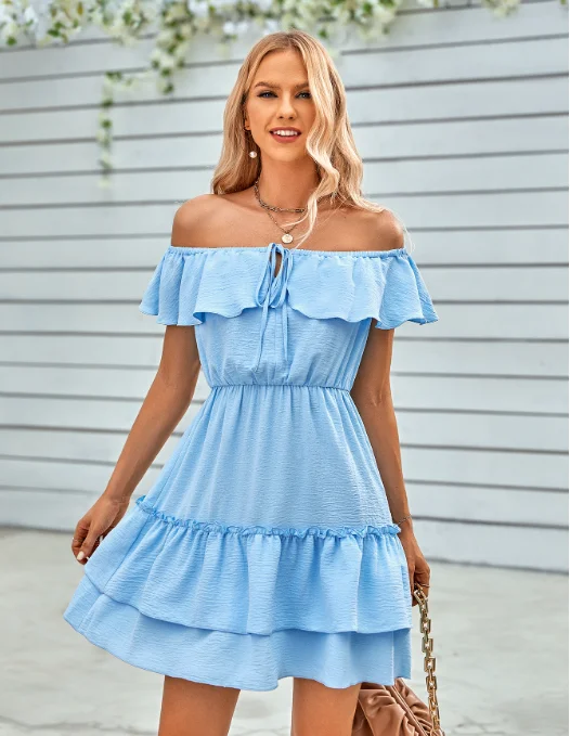 TastyHottie - Casual off-the-shoulder ruffled solid color dress