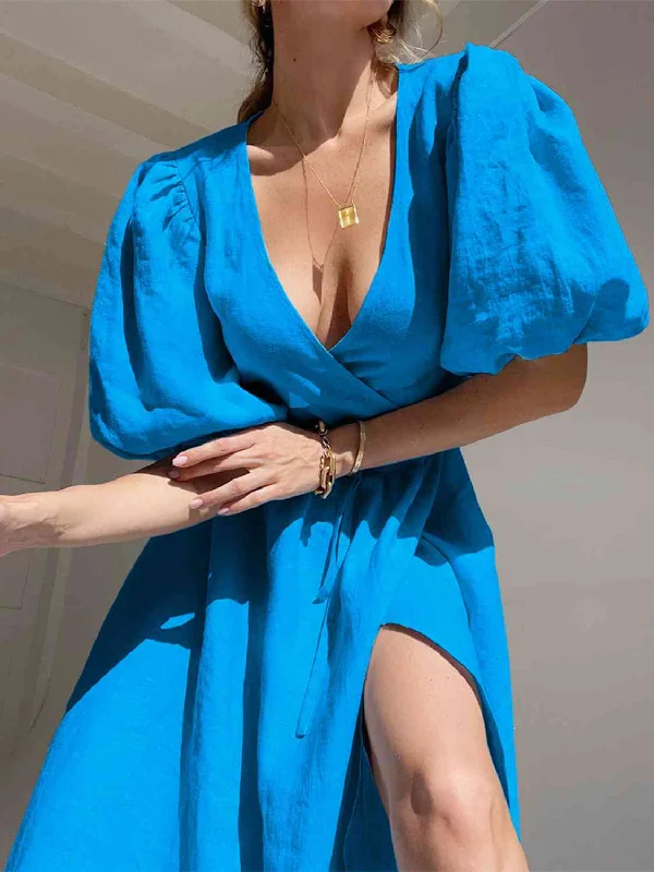 Surplice Balloon Sleeves Slit Short Sleeve Tied Dress