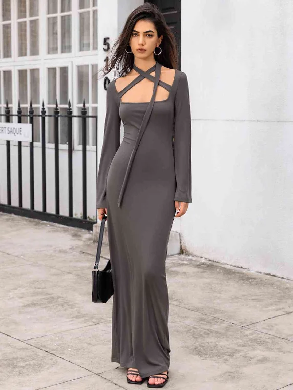 Tie Detail Long Sleeve Sexy Maxi Dress