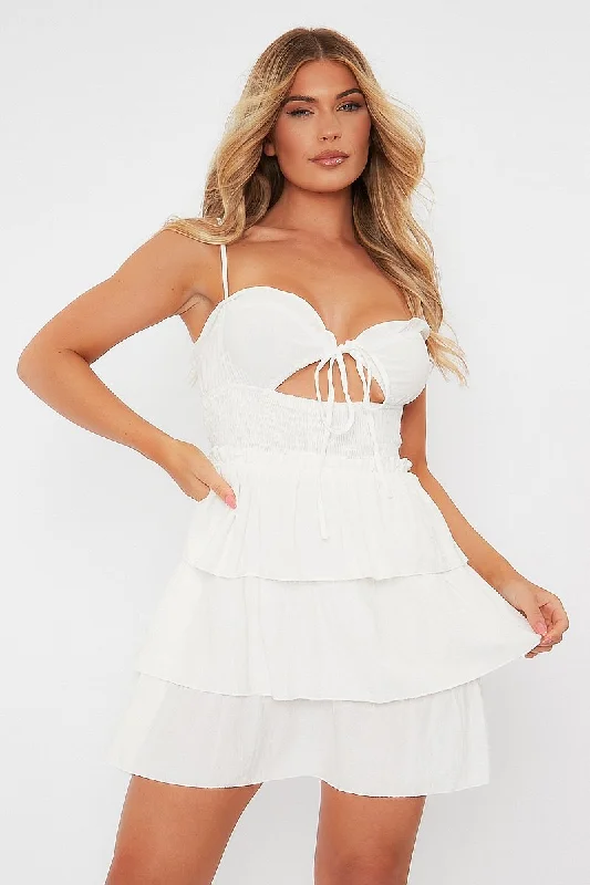 White Frill Detail Tiered Cut Out Mini Dress - Daneen