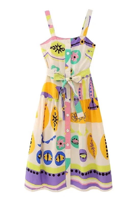 'Wilma' Retro Print Sleeveless Midi Dress