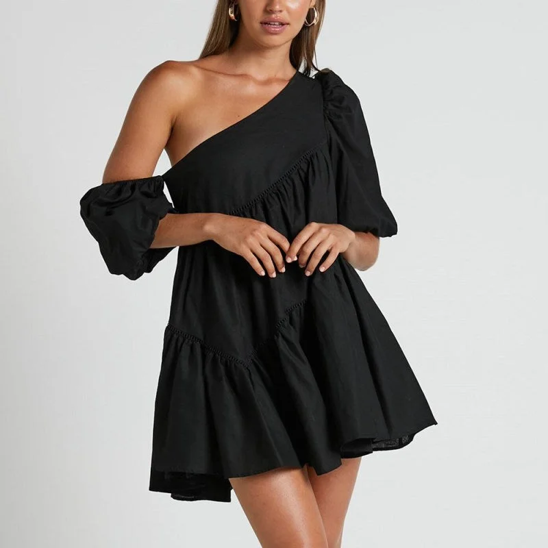 Women's casual loose off-shoulder puff sleeve patchwork short-sleeved dress irregular skirt