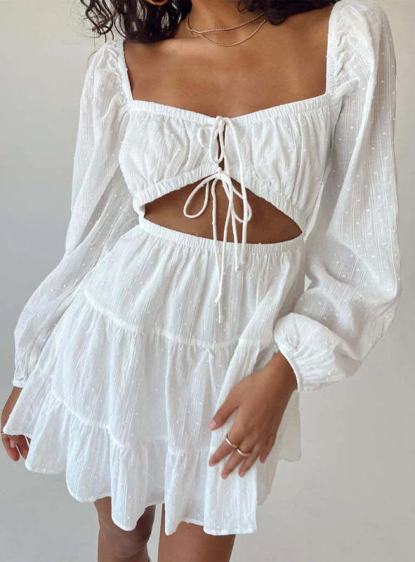 Women's elegant square-neck long-sleeved lace-up hollow short white dress