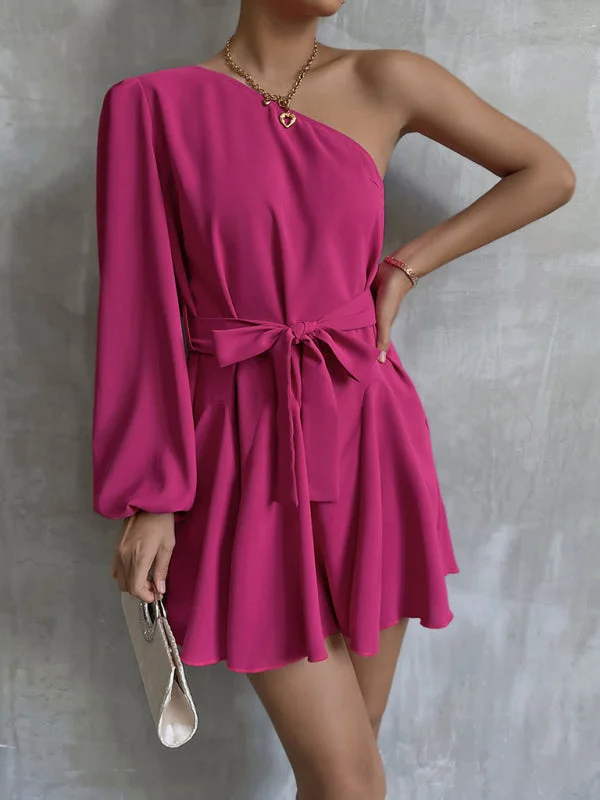 Women’s Fashionable Off The Shoulder Long Sleeved Mini Dress With Statement Ribbon Tie Bow