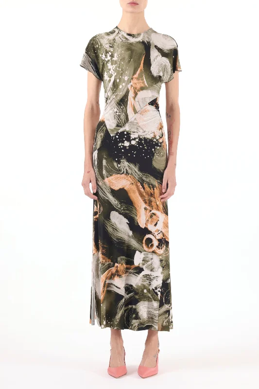 BRUSHSTROKE PRINTED JERSEY CAP SLEEVE MIDI DRESS