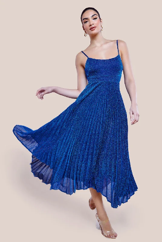 Goddiva Tie Back Pleated Lurex Skater Midi Dress - Royal Blue