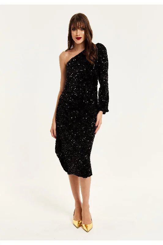 Liquorish Black Sequin Velvet One Shoulder Midi Dress