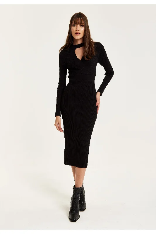 Liquorish Cut Out Front Ribbed Midi Knit Dress In Black