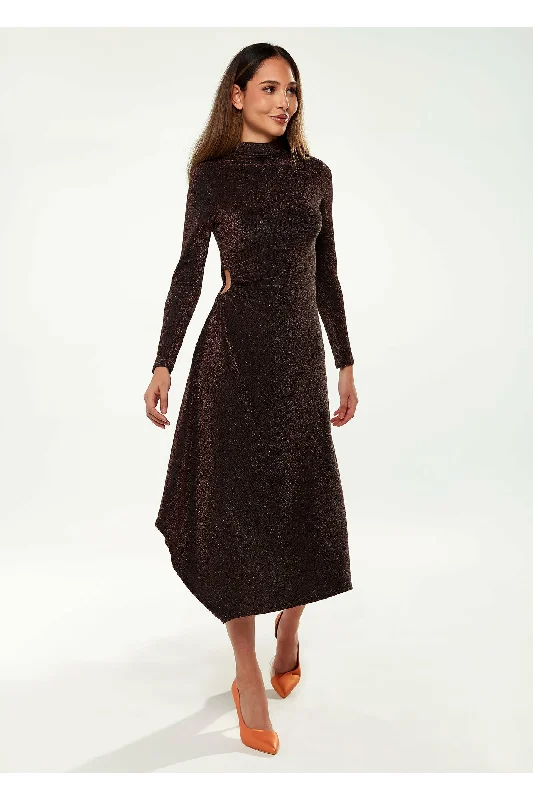 Liquorish Lurex High Neck Midi Dress In Bronze