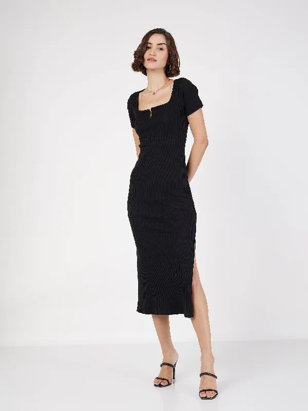 Women Black Rib V-Neck Midi Dress