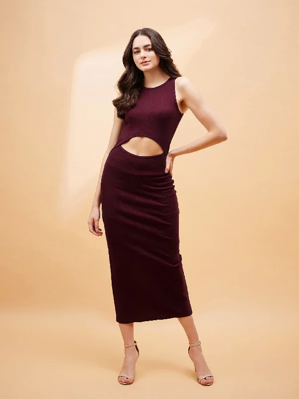 Women Burgundy Front Cut Out Rib Midi Dress